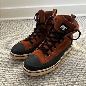 Sorel Metro Brown and Blue Winter Boots with Lace-Up Design and Suede Texture